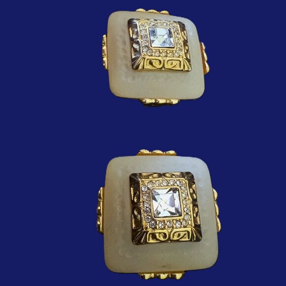 Unique Vintage Jewelry - Vintage Antique Gold Rhinestone and Carved Marble Earrings EUC